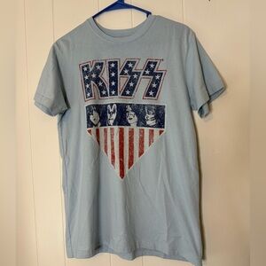 KISS‎ Graphic Band Tee American Flag Distressed Print Light Blue Size Medium